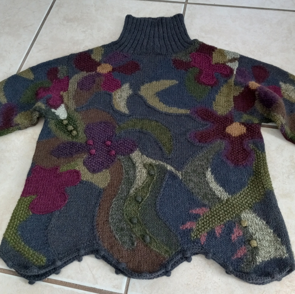 Peruvian Connection Aplaca Sweater Floral Patchwork Embroidery Pom Pom Artsy - Picture 10 of 16
